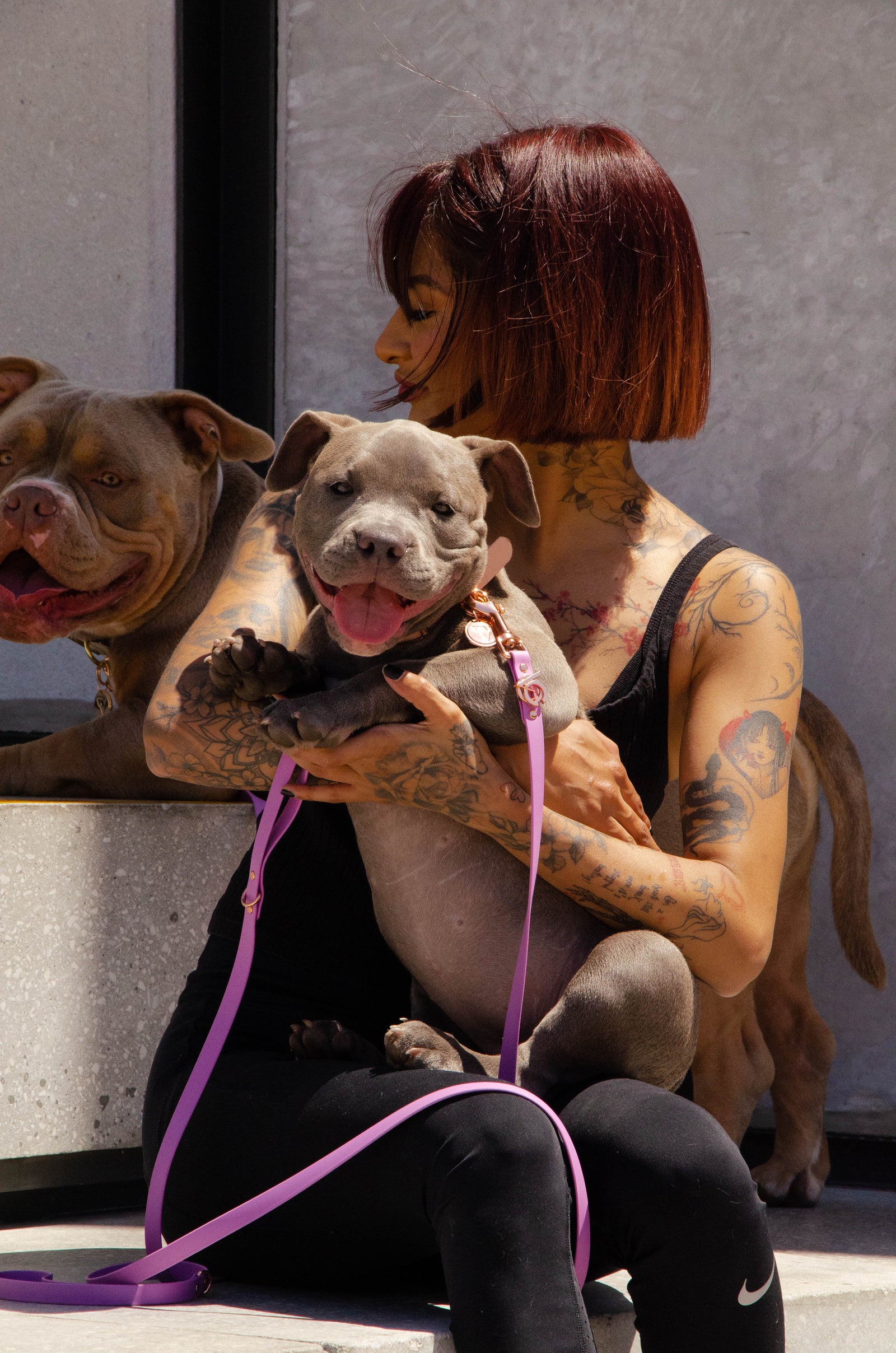 Woman with tattoos holding a happy puppy wearing a Valgray rose gold collar and leash set, with another dog lying beside her