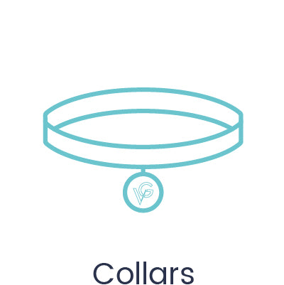 Valgray premium dog accessories product icon for Valgray collars for all size dogs. Light blue icon image shows an engraved dog name tag with the Valgray brand logo on it. Icon is isolated on a white background. 