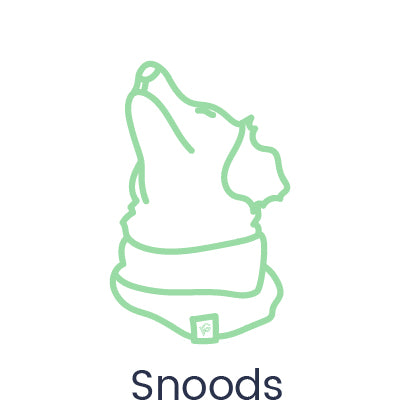 Valgray premium dog accessories product icon for Valgray crochet snood scarf for all size dogs. The pistachio green icon image shows a Valgray luxury, soft snood with Valgray branding on it on a dog who is looking up. Icon is isolated on white background.