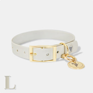 Bone grey & yellow gold waterproof large dog collar and personalised name tags.