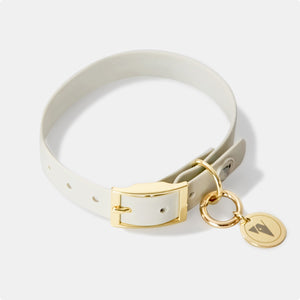 Bone grey & yellow gold waterproof extra large dog collar and personalised tags.
