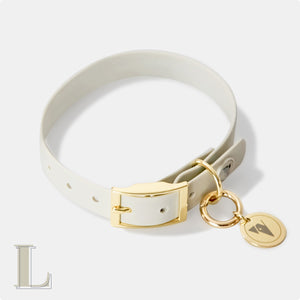 Bone grey & yellow gold waterproof large dog collar and personalised name tags.