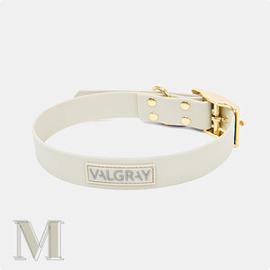 Bone grey & yellow gold waterproof medium dog collar and personalised name tag.