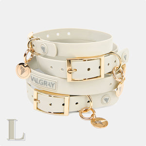 Bone grey & yellow gold waterproof large dog collars and personalised name tags.