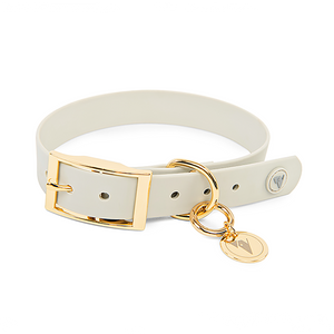 Bone grey & yellow gold waterproof extra large dog collar and personalised tag.