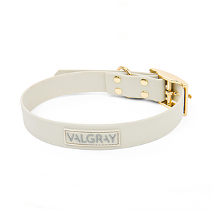 Bone grey & yellow gold waterproof extra large/xl dog collar and personalised tag.