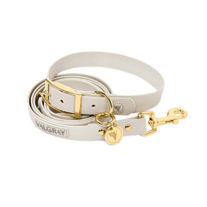 Extra large bone grey & yellow gold waterproof dog collar and leash set.