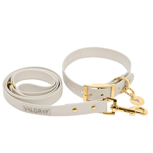 Extra large bone grey & yellow gold premium waterproof dog collar and leash set.