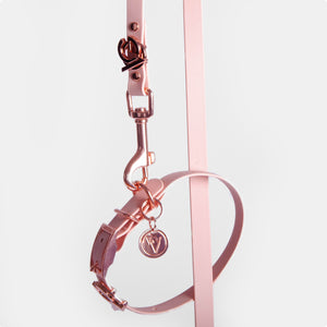 Valgray Premium Blush and Rose Gold Dog Collar and Leash Set Hanging Down
