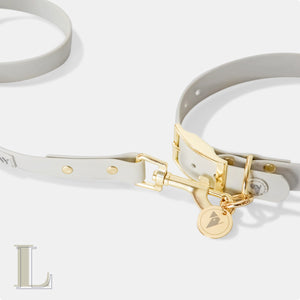 Bone grey & yellow gold large premium waterproof dog collar and leash set.