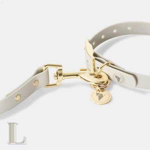 Large bone grey & yellow gold premium waterproof dog collar and leash set.